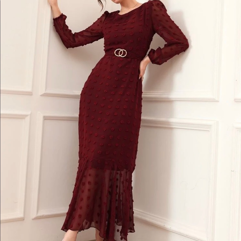 SHEIN Swiss Dot Belted Mermaid Hem Dress